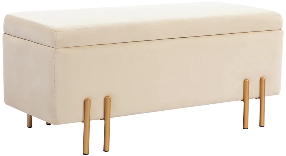 Bankje - Gestoffeerde Bank Met Opbergruimte - Borstbank - Schuim - Metaal - Rubbenhout - 100 x 40 x 42 cm - Beige