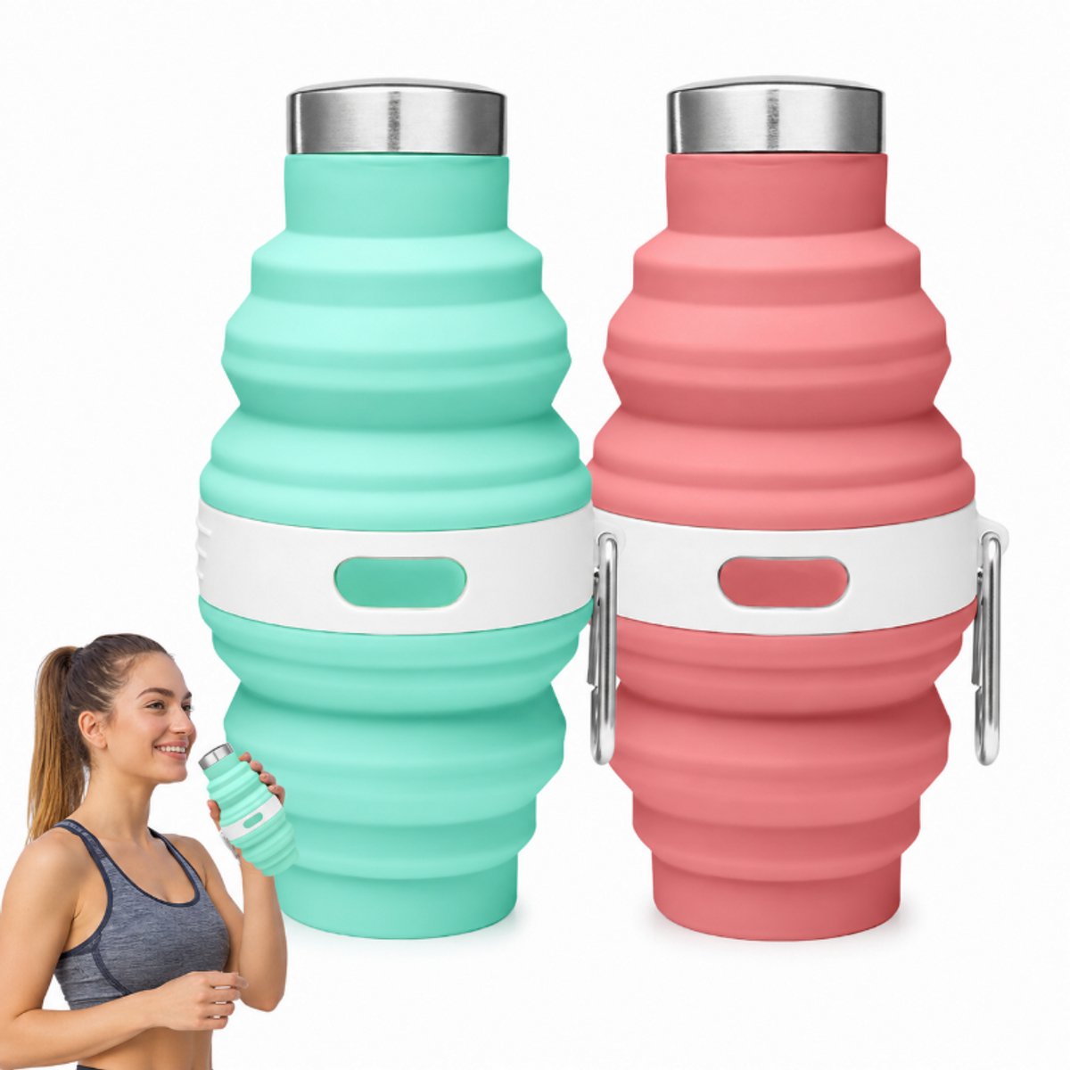 Opvouwbare waterfles - Siliconen waterbeker -BPA-vrij- 475 ml -Karabijnhaak -Draagbaar -lekvrij -Schokbestendig -2 stuks