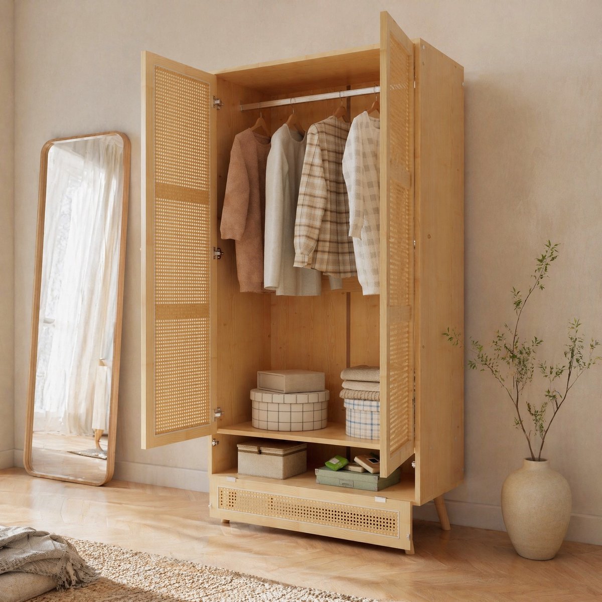 DESMIU Kledingkast - 2 Deurs Met Kledingroede En Rattan - Voor Slaapkamer En Woonkamer - Spaanplaat En Polyrattan - 90x45x183 Cm - Naturel
