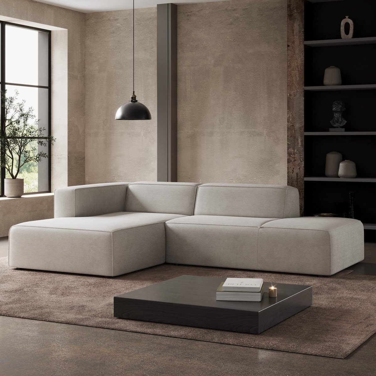 Meubella - Lumvar - Hoekbank 3-zits - Ribstof beige - Links