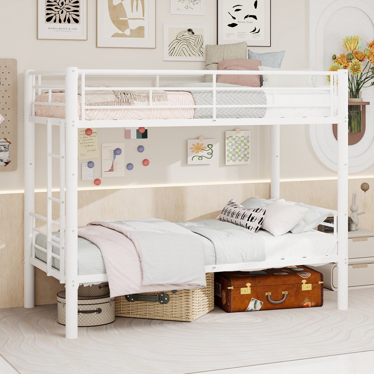 MODENUIT Stapelbed – 90 x 190 cm – Met Ladder En Uitvalbeveiliging – Metaal – Wit – Twee Eenpersoonsbedden