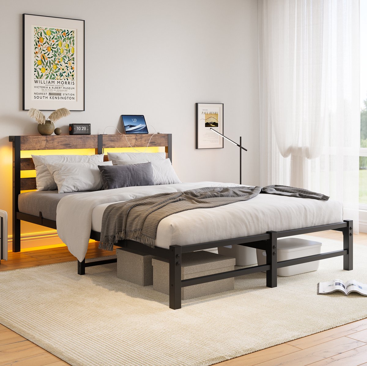MODENUIT Bedframe 140 x 200 cm - LED verlichting en USB-oplaadstation - Metaal en Hout - Zwart Bruin
