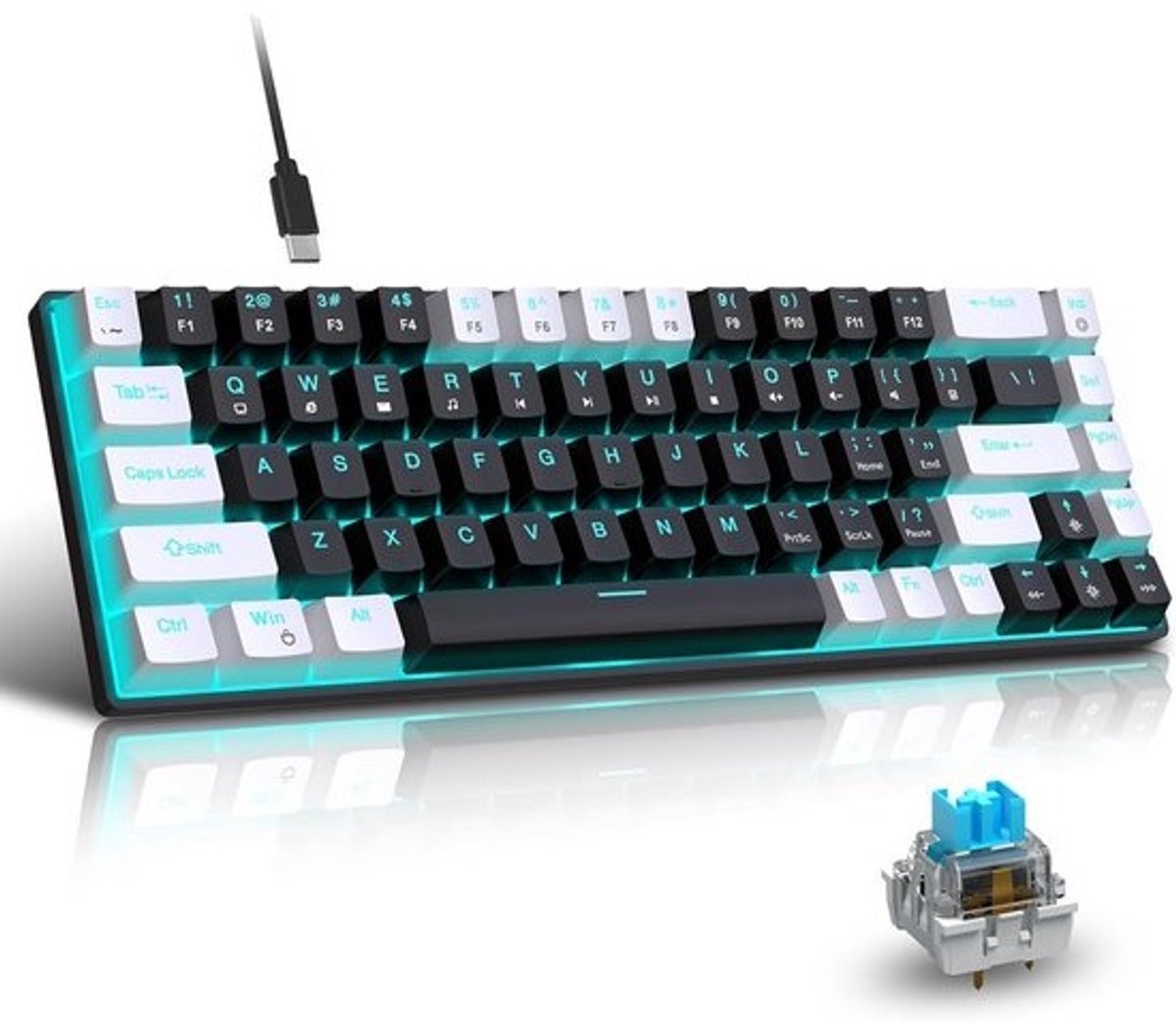 65% Mechanisch Gaming Toetsenbord, 68 Toetsen Bedraad met IJzig Blauwe Achtergrondverlichting, Uitneembare Kabel, Blauwe Switches