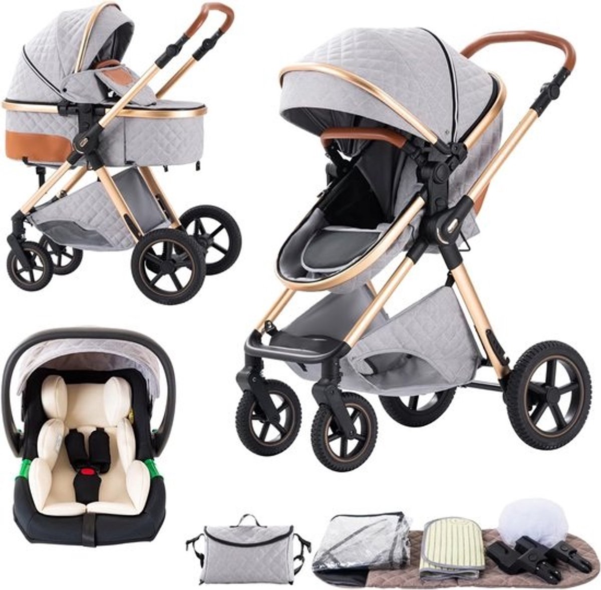 Luxe 3-in-1 Combi Kinderwagen Set - Inklapbaar Reissysteem voor Pasgeborenen tot 3 Jaar
