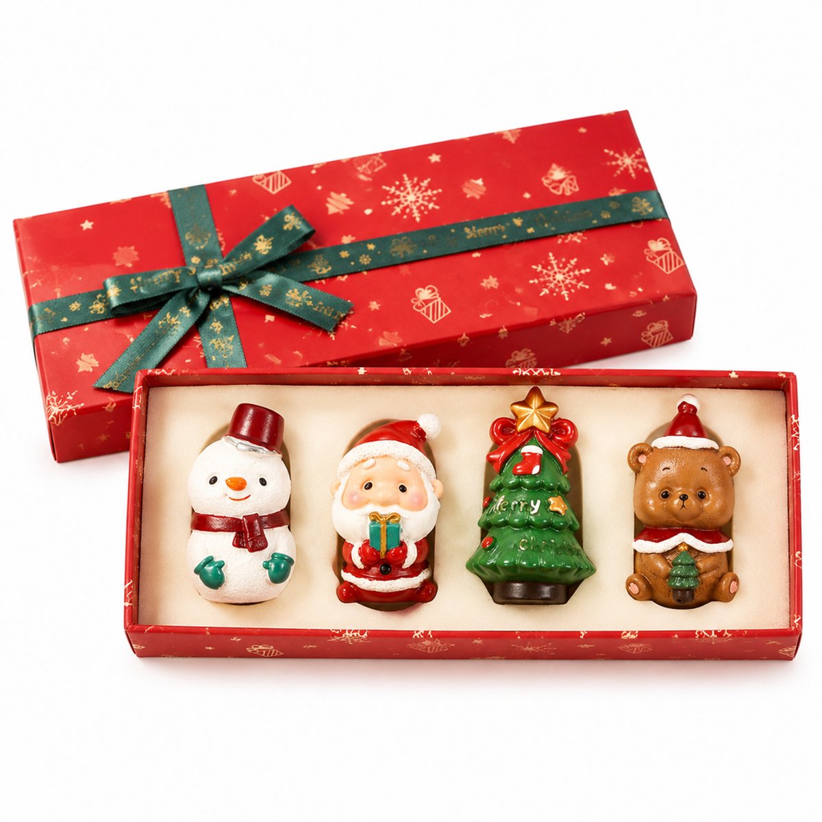 Namajunas - Kerst Harsfiguren Set van 4 stuks - Met cadeautas - Kerstman - kerstboom - Sneeuwpop - Kerstbeertje - Kerstdecoratie - Woondecoratie - Het ultieme kerstcadeau