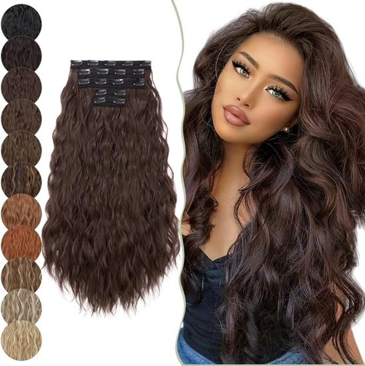 Clip-In Extensions voor Natuurlijk Uitziend Haar, Krullend en Golvend, 60 cm, Volle Hoofdset, Donkerbruin, 250 g, Goedkope Haarstukken