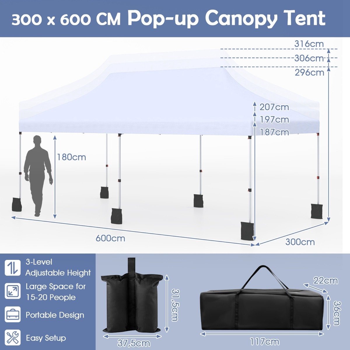 SureDeal® - Partytent - Uitschuifbare Tent Waterdichte - Draagtas Zonwering Stevig - Strand Bruiloft Wit - 600x300x296 cm - Wit