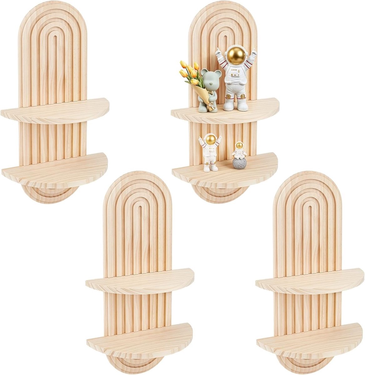 Set van 4 gebogen houten planken voor wanddecoratie, zwevende planken voor planten en boeken in woonkamer, slaapkamer en kantoor