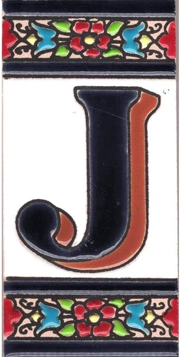 Huisnummer Letter J - Adresbord Keramiek - Huis Identificatie - Handbeschilderd Bloemendessin - 5.5 x 10.5 cm - Wit met Blauw