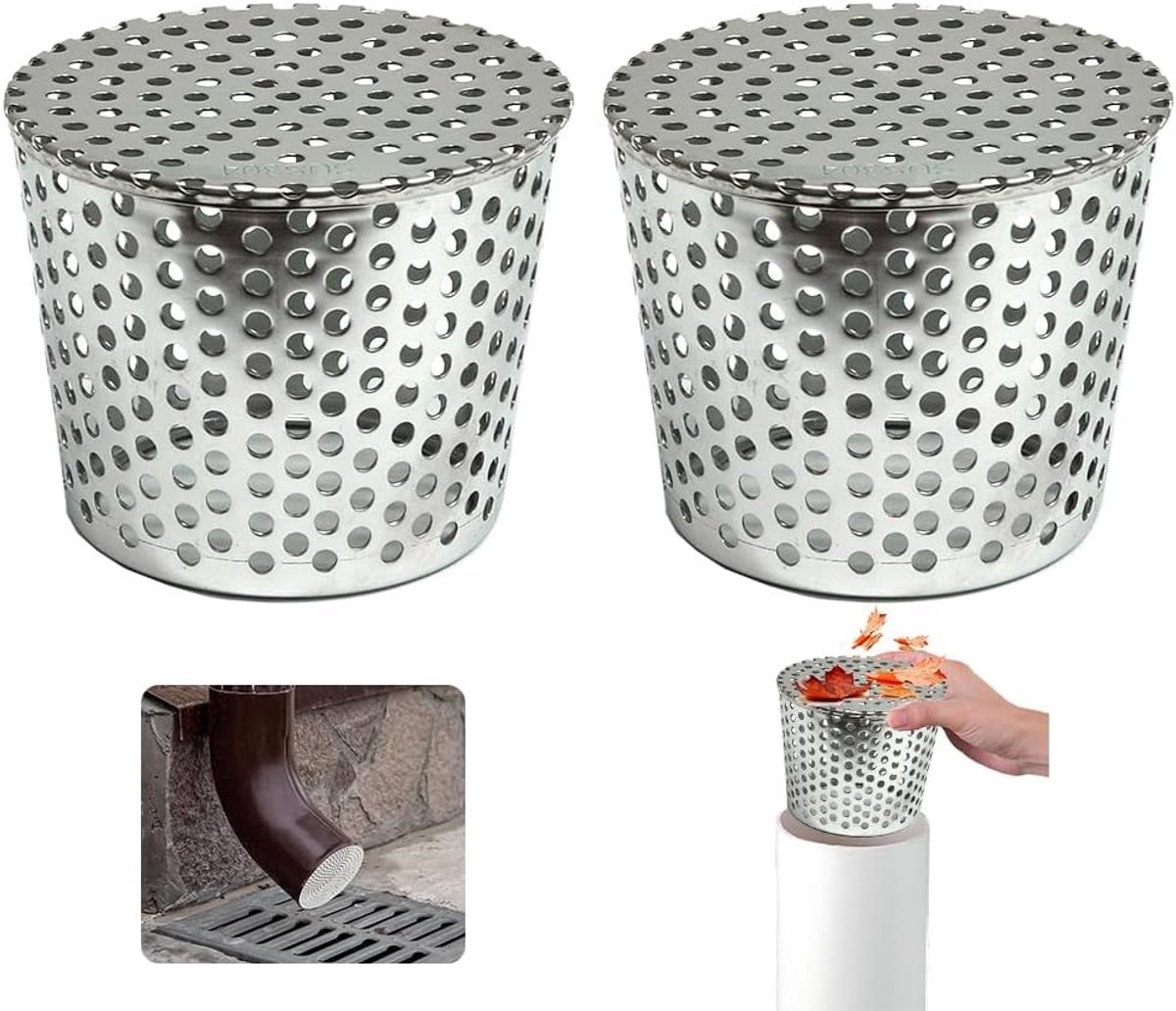 RVS Bladbescherming voor Regenpijpen - Set van 2 - Bladvanger voor Dakgoten 90-110 mm, Ideaal voor Afvoeren en Bescherming tegen Bladval