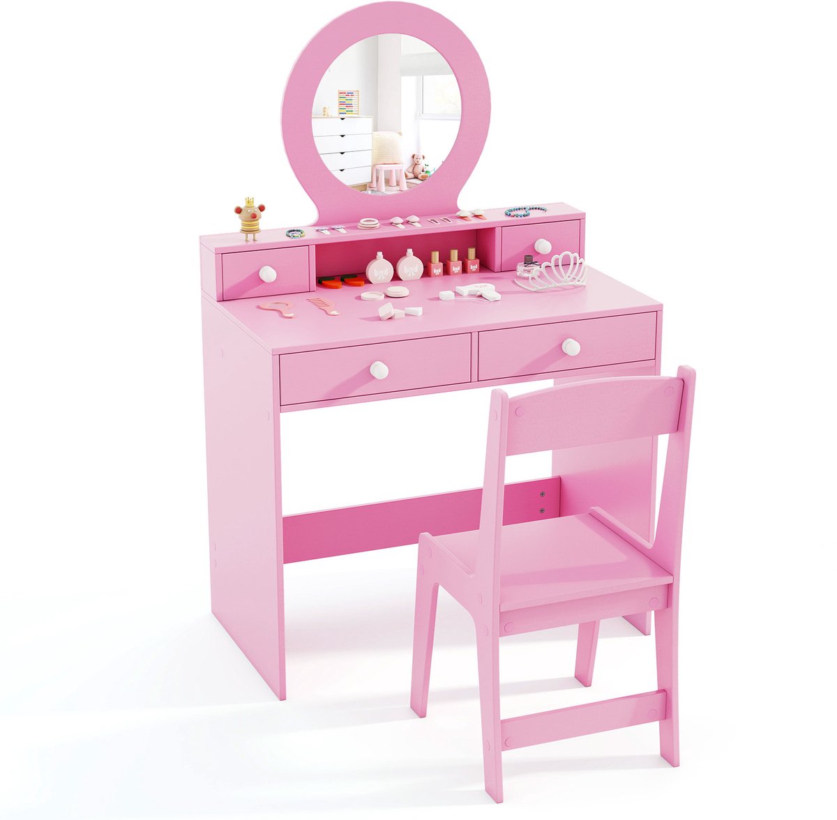 SureDeal® - Kaptafel - Kinderschminktisch - Spiegel Kaptafel - Stoel Prinsessenmotief - Acrylspiegel Open Rek - Lades - 70x40x110 cm - Roze