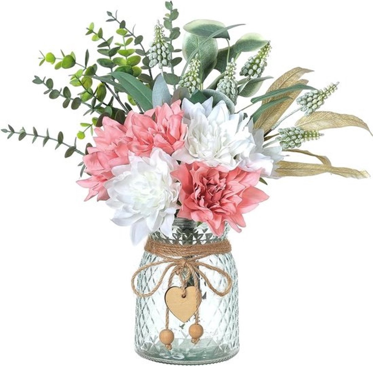 Kunstbloemen met Vaas - Zijden Bloemen - Woondecoratie - Handgemaakt Boeket - 37 cm Hoog - Stoffig Roze