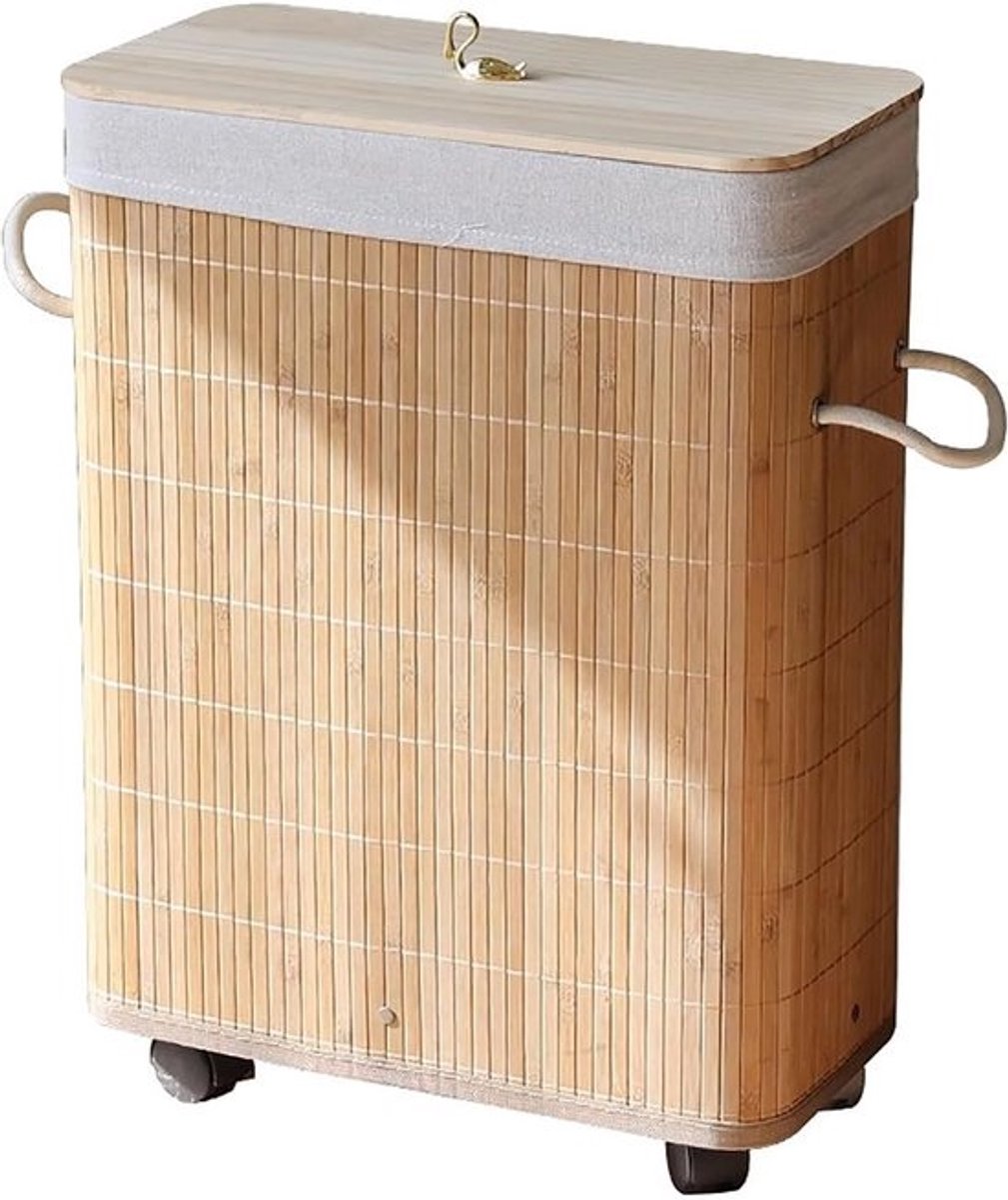 Slanke Wasmand Bamboe - Wasmand met Deksel - Ruimte Besparen - Met Wielen en Handgrepen - 44x24x60 cm - Natuurlijke Kleur