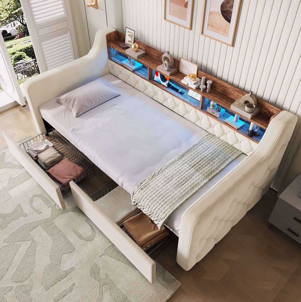 MODENUIT Bed 90 x 190 cm - Met LED, USB en Type-C, Hoofdbord Met Plank, 2 Lades - Slaapkamer - Stof - Beige
