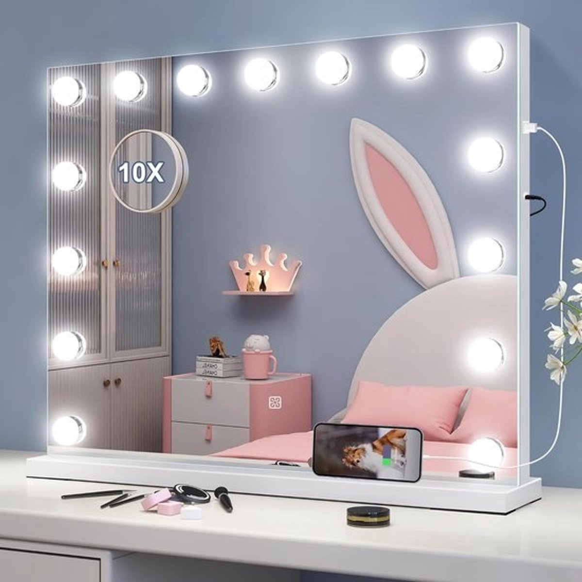 Hollywood Make-up Spiegel met Verlichting - Dimbare 10x Vergroting met USB-aansluiting en Memory Functie