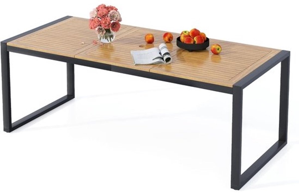 Rechthoekige Tuintafel met Metalen Frame en Houten Platen, 200x90 cm, Voor 8 Personen, Weerbestendig met Parasolgat