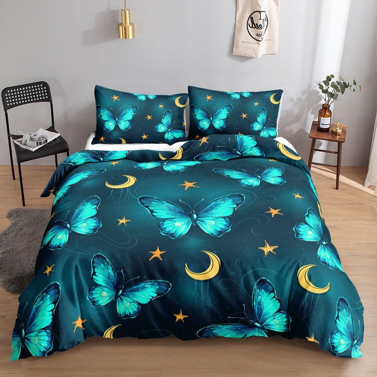Beddengoedset voor Kinderen met Blauwe Fluorescerende Vlinderprint, Dekbedovertrek met 2 Kussenslopen, Perfect voor Kinderkamer Decoratie en Comfort