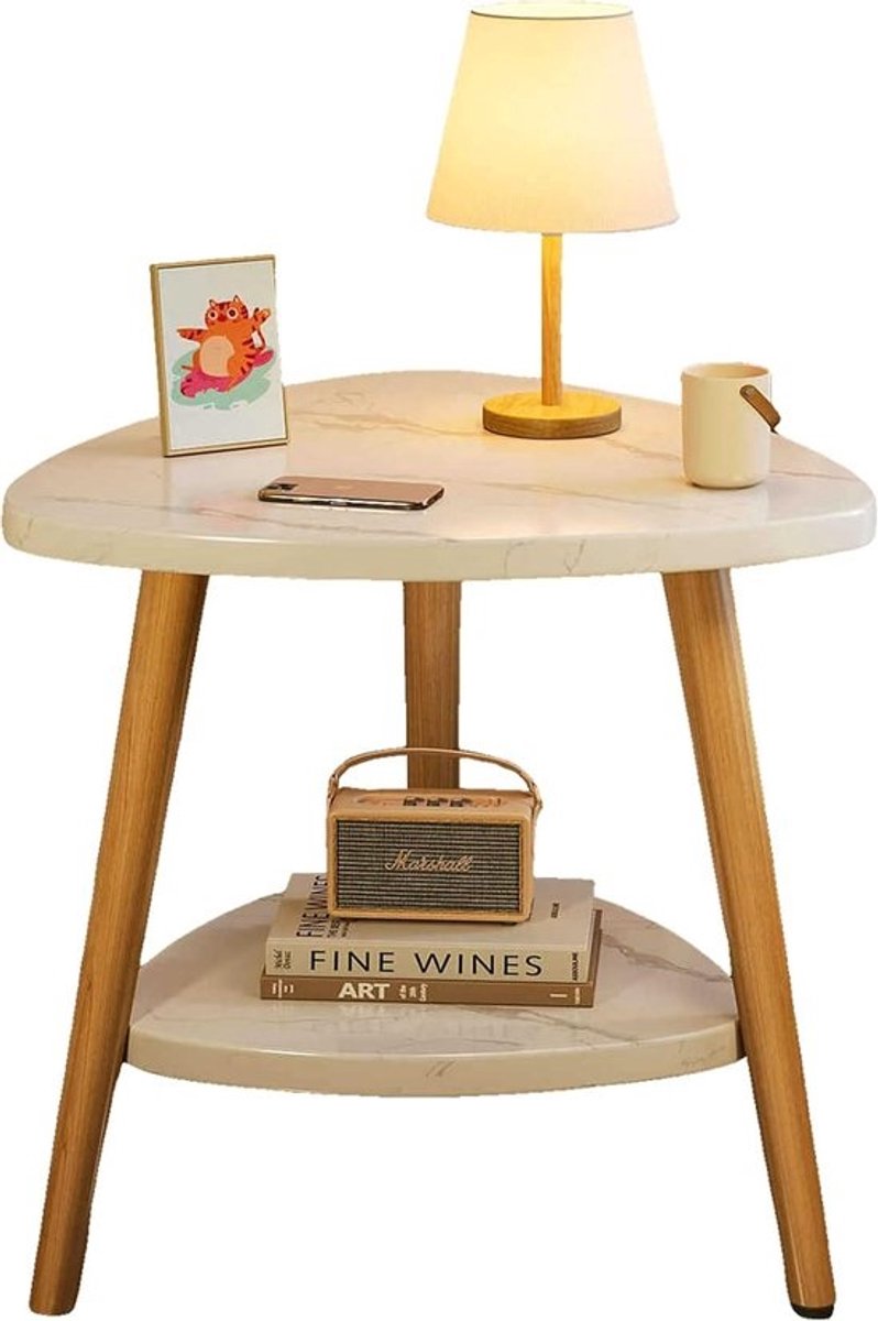 Driehoekige Salontafel met 2 Niveaus | Compact Houten bijzettafeltje voor Woonkamer en Slaapkamer (50x50 cm)