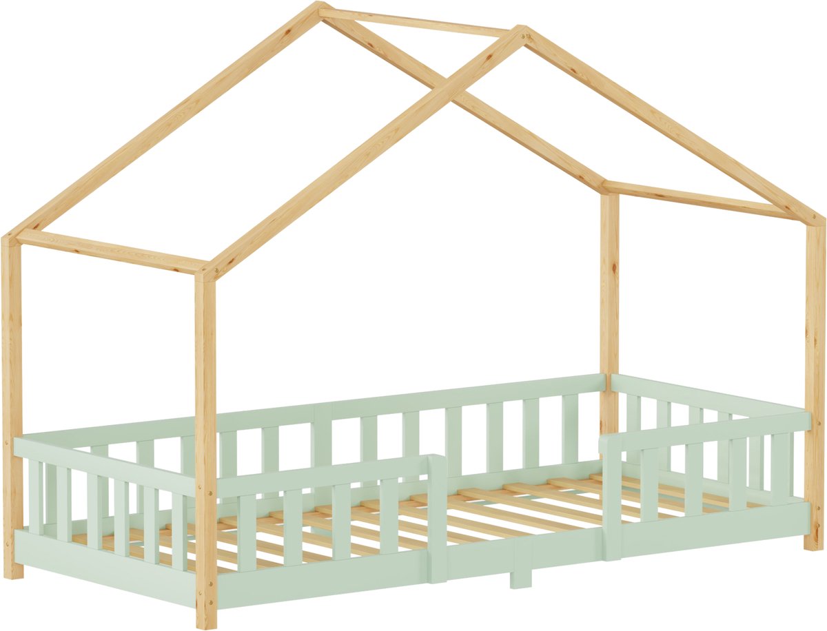Kinderbed Treviolo huisbed 90x200 cm mintgroen en naturel [en.casa]