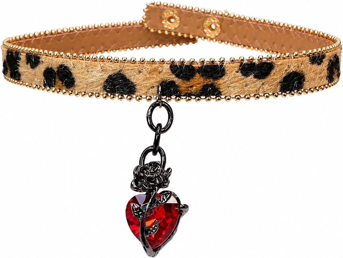 Gothic Choker met Rozenhart en Luipaardprint voor Vrouwen - Perfect voor Halloween, Cosplay en Grunge Stijl Accessoires
