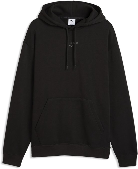 Zwarte PUMA x HYROX hoodie, voorzijde met klein logo op de borst, capuchon met trekkoorden en kangoeroezak.
