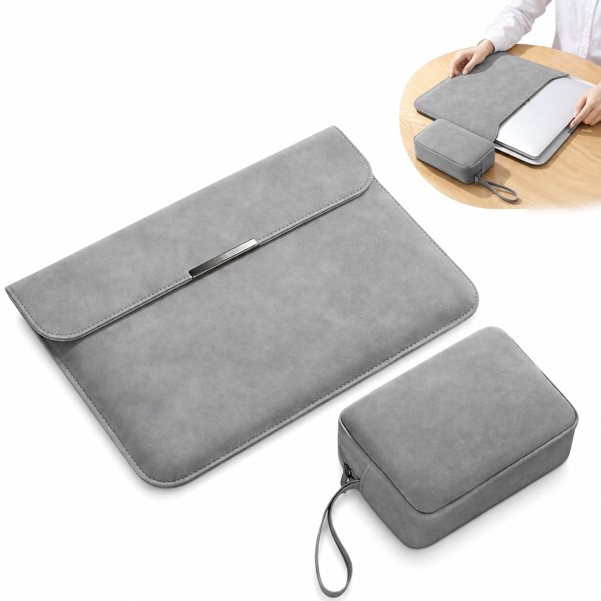 Laptoptas 15 Inch - Laptophoes Met Voeding Opbergtas - Krasbestendig En Waterdicht - Pluche Voering - Voor Dunne En Lichte Laptops - Grijs