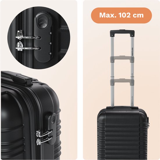 Close-up van een zwarte TRVLMORE koffer met TSA-slot, en een uitschuifbare handgreep die maximaal 102 cm kan worden uitgeschoven.