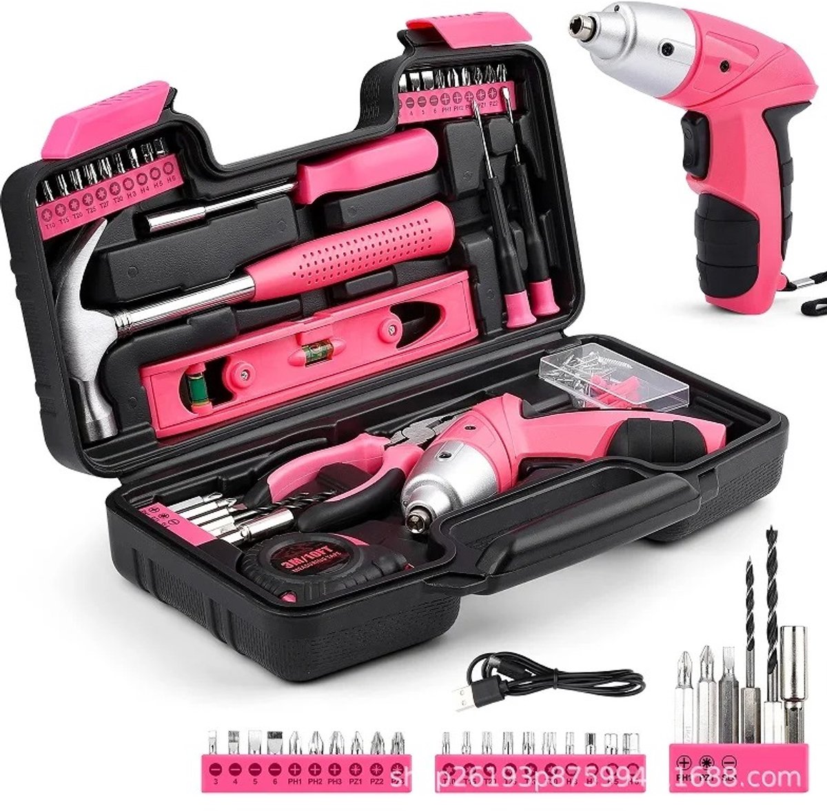 Lamor Roze Gereedschapsset - Huishoudgereedschap - Gereedschapskist - Gereedschapskoffer - Oplaadbaar - Led - 31 x 18,5 x 8,2 cm