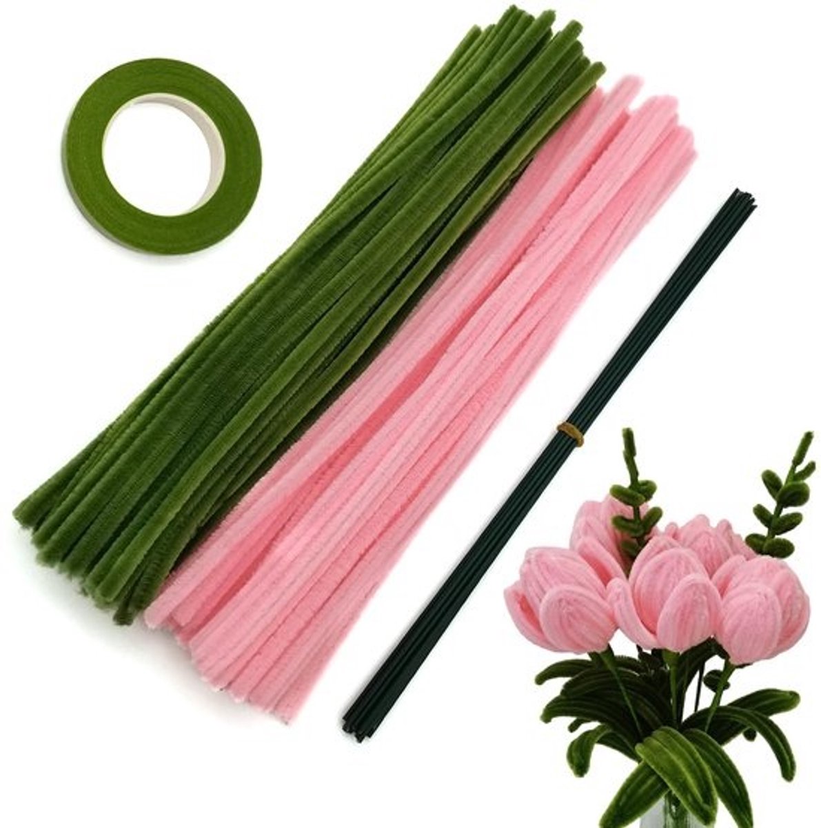 Pijpreinigers Set - Chenille Stengels - Bloemen Maken - 200 Stuks Inclusief Draad en Tape - Roze Olijfgroen