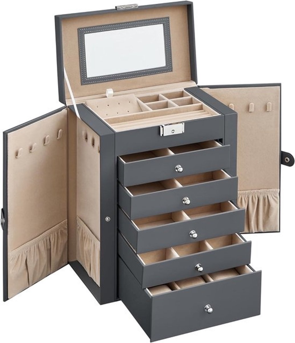 Juwelendoos Groot - Opbergdoos Sieraden - Sieraden Organiseren - Met Spiegelslot - 26x15x32 cm - Grijs