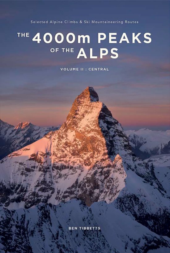 Boekomslag 'The 4000m Peaks of the Alps Volume II: Central' met een besneeuwde bergpiek bij zonsondergang.