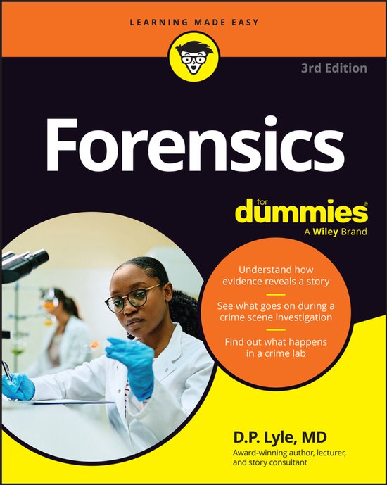 Boekomslag Forensics for Dummies, 3e editie, met een wetenschapper in een lab en educatieve tekst.