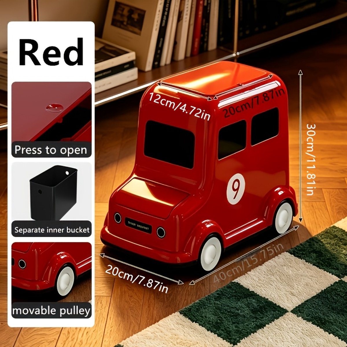 Prullenbak in auto-design 18L,decoratieve vuilnisbak met drukdeksel,verrijdbare wielen,stijlvolle afvalbak voor woonkamer,slaapkamer,kinderkamer en kantoor,leuk vormgegeven afvalcontainer voor binnen, eenvoudig te verplaatsen en schoon te maken,Rood