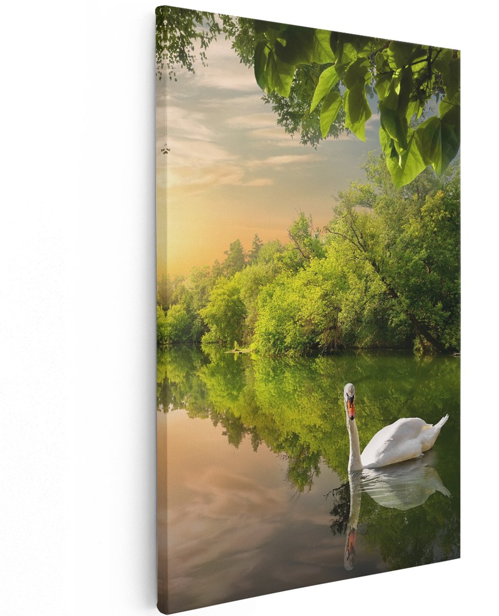 Artaza Canvas Schilderij Zwaan op het Water in het Bos - 120x180 cm - Groot - Wanddecoratie Woonkamer - Schilderijen - Muurdecoratie