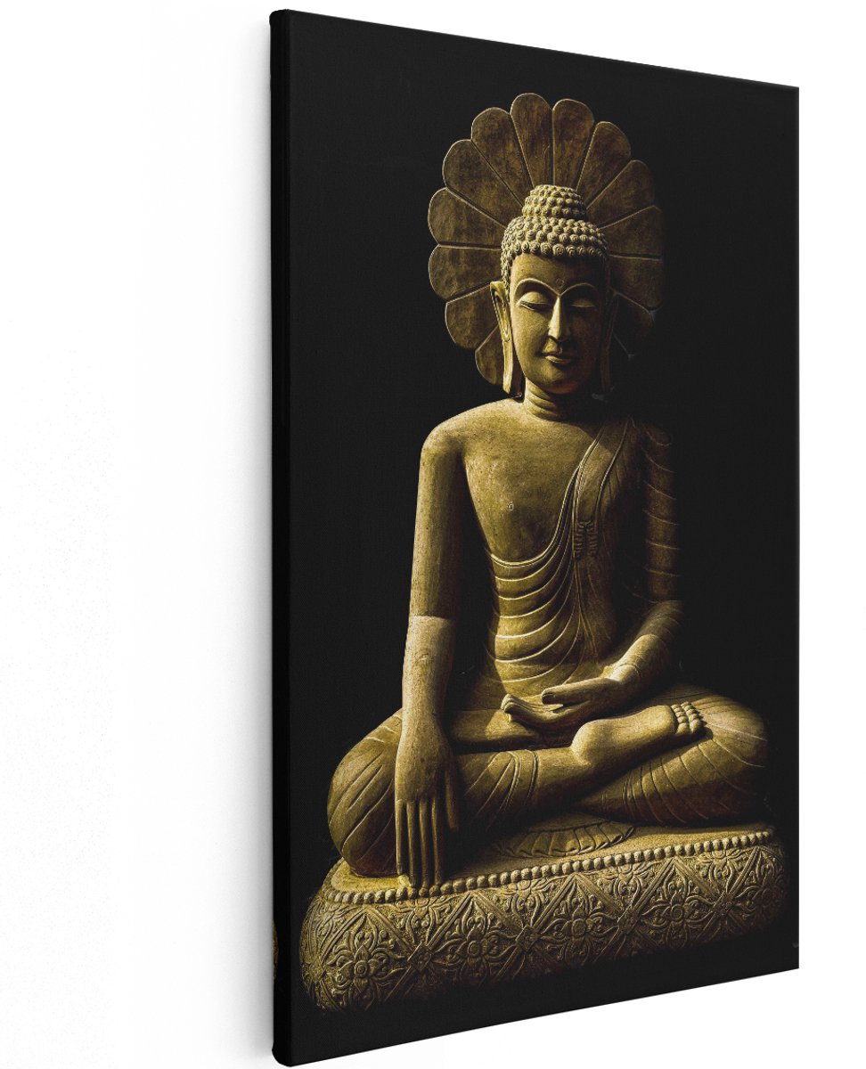 Artaza Canvas Schilderij Gouden Boeddha Beeld In Meditatie - 120x180 cm - Groot - Wanddecoratie Woonkamer - Schilderijen - Muurdecoratie