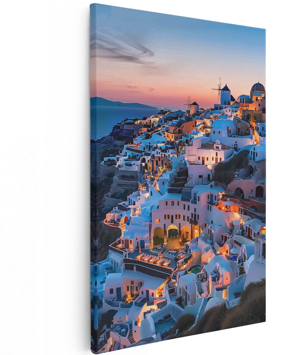 Artaza Canvas Schilderij Santorini in de Schemering - Santorini - 120x180 cm - Groot - Wanddecoratie Woonkamer - Schilderijen - Muurdecoratie