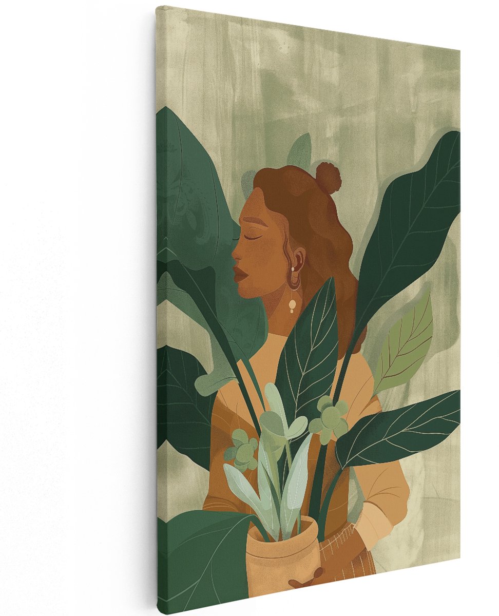 Artaza Canvas Schilderij Vrouw met een Potplant - 120x180 cm - Groot - Wanddecoratie Woonkamer - Schilderijen - Muurdecoratie