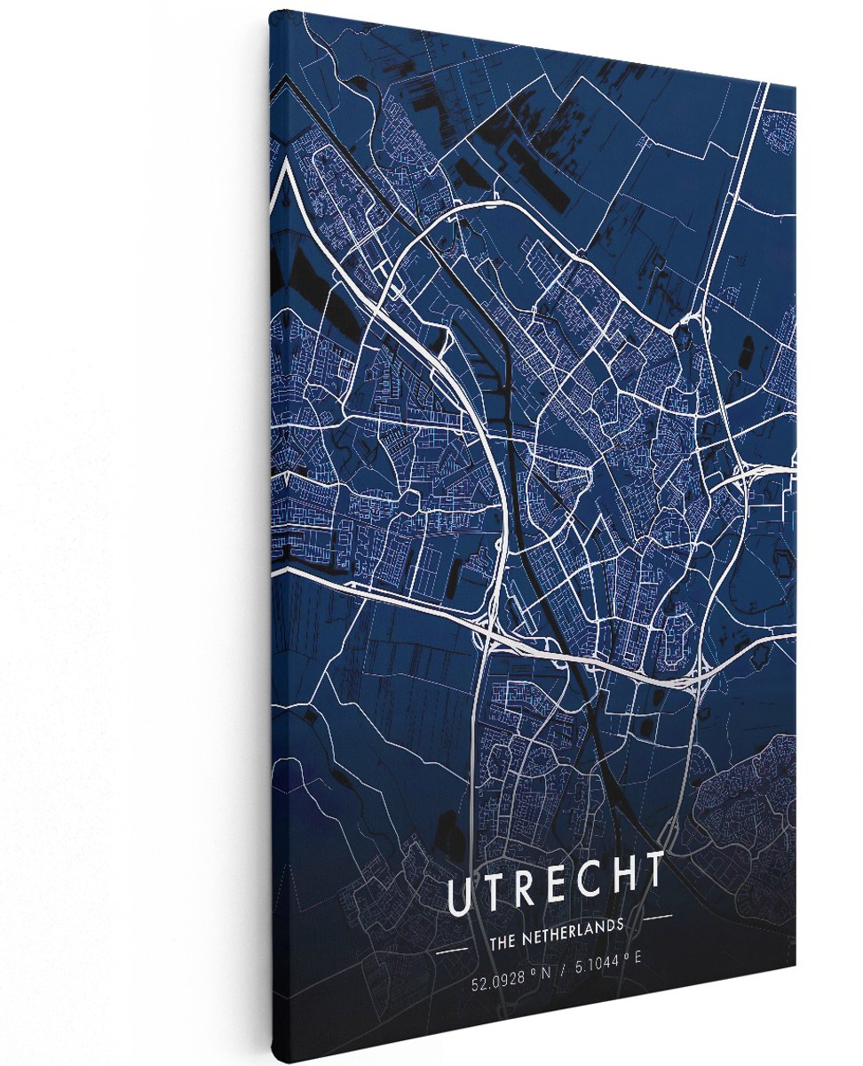 Artaza Canvas Schilderij Stadskaart Utrecht in het Blauw en Wit - 120x180 cm - Groot - Muurdecoratie - Canvas Print