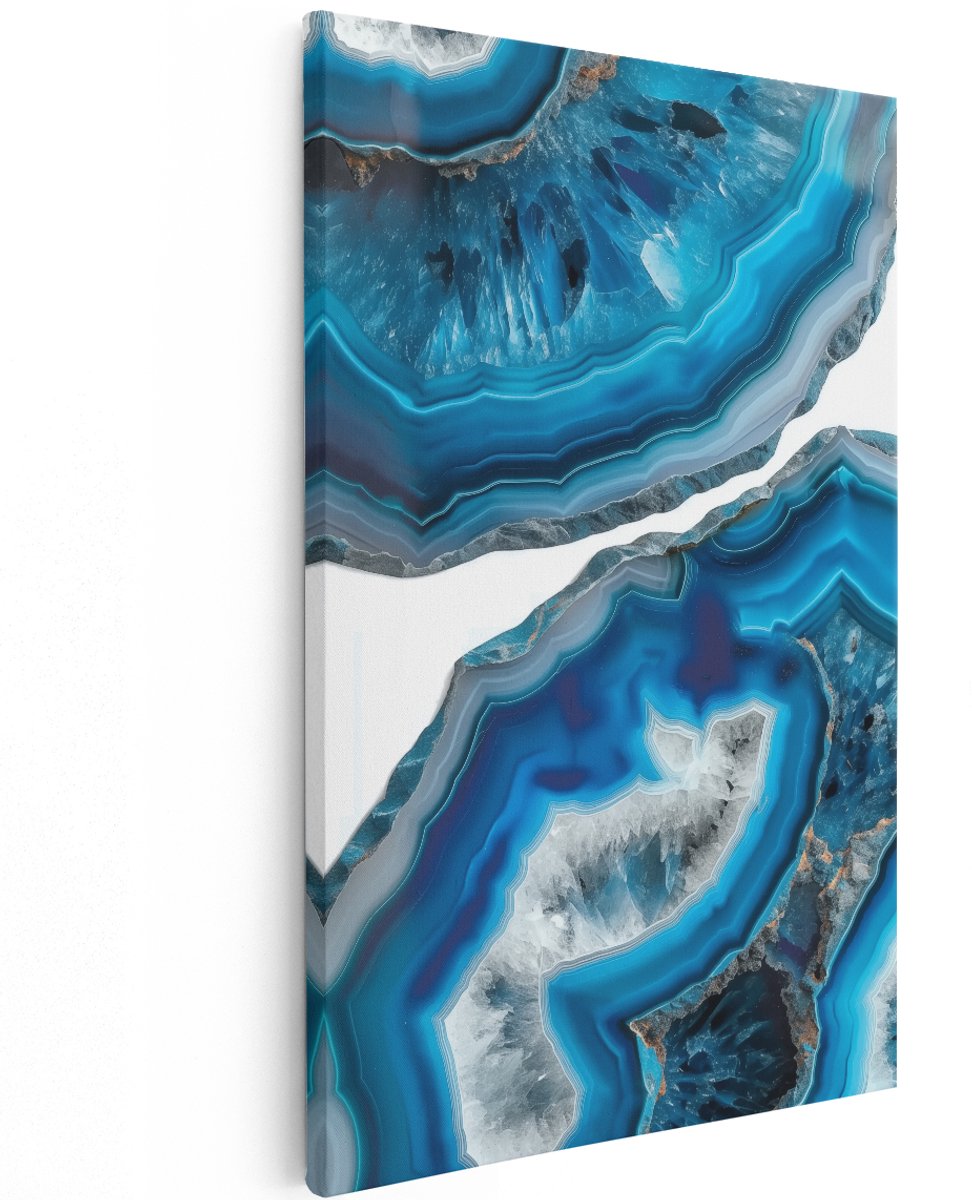 Artaza Canvas Schilderij Twee Stukken Blauwe Agaat op een Witte Achtergrond - 120x180 cm - Groot - Wanddecoratie Woonkamer - Schilderijen - Muurdecoratie