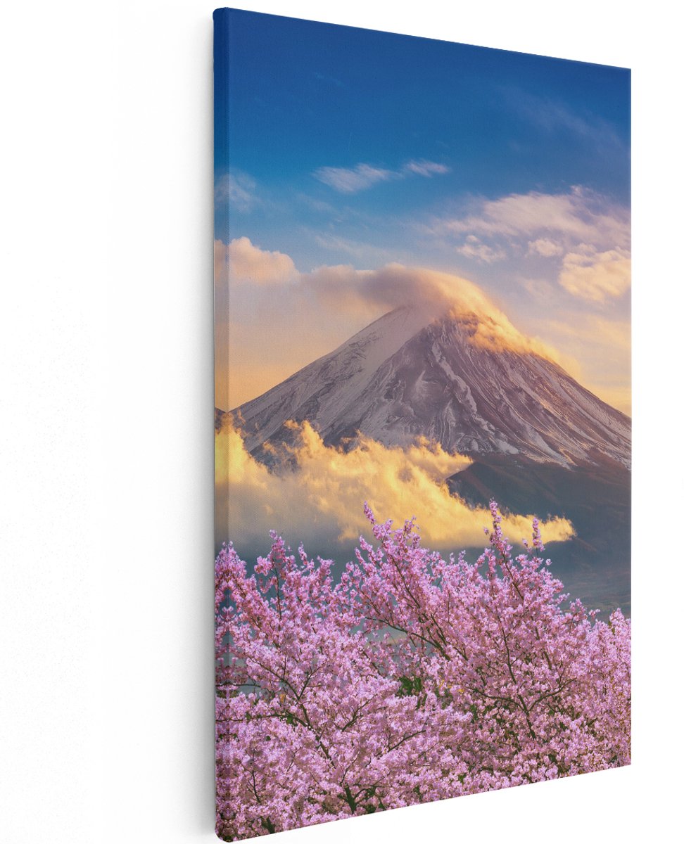 Artaza Canvas Schilderij Fuji Berg Met Roze Bloesembomen - Bloemen - 120x180 cm - Groot - Wanddecoratie Woonkamer - Schilderijen - Muurdecoratie