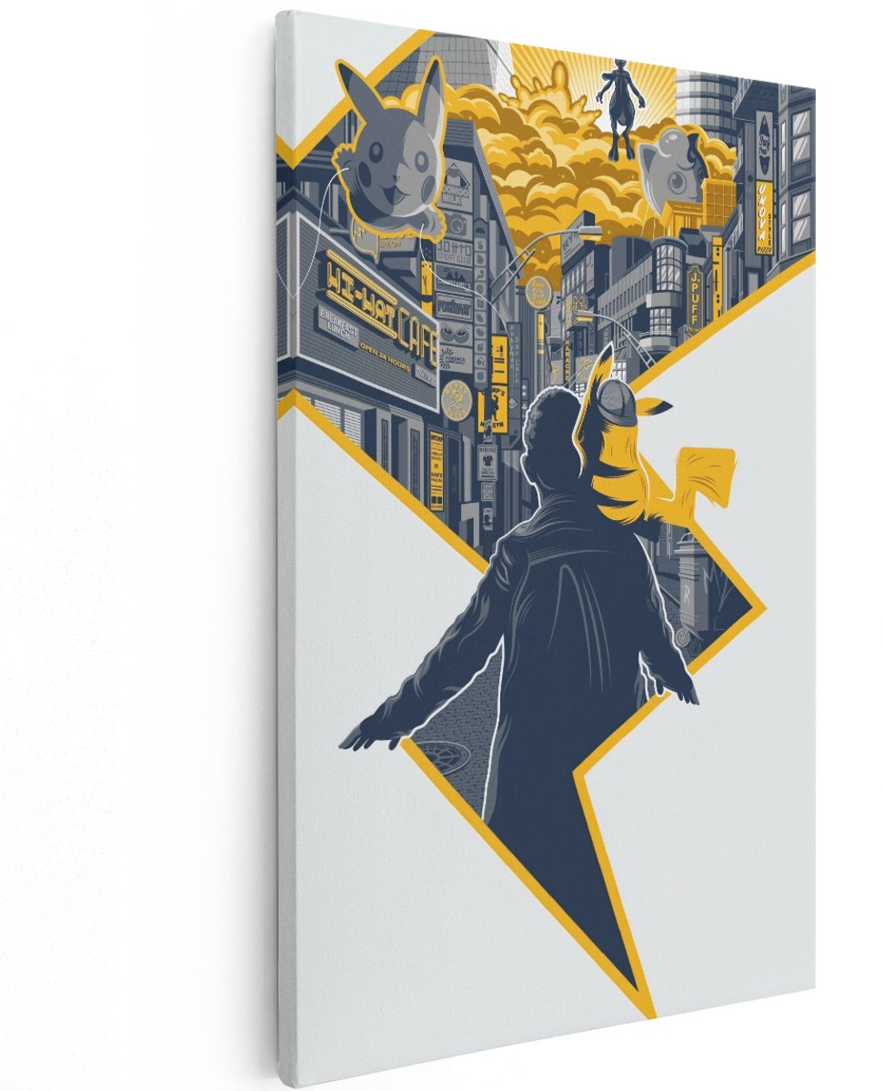 Artaza Canvas Schilderij Detective Pikachu - 120x180 cm - Groot - Pokemon Muurdecoratie - Wanddecoratie Film - Decoratie Stad Geel