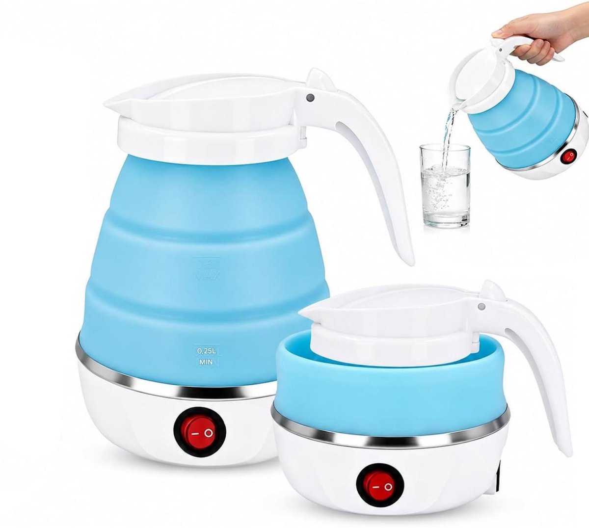 SSTRWGOOD Opvouwbare siliconen waterkoker - 0,6 liter - 600 W - Reiswaterkoker - Roestvrijstalen voet - Draagbare mini-waterkoker - Geschikt voor buitenactiviteiten zoals wandelen en survival in de wildernis - Blauw