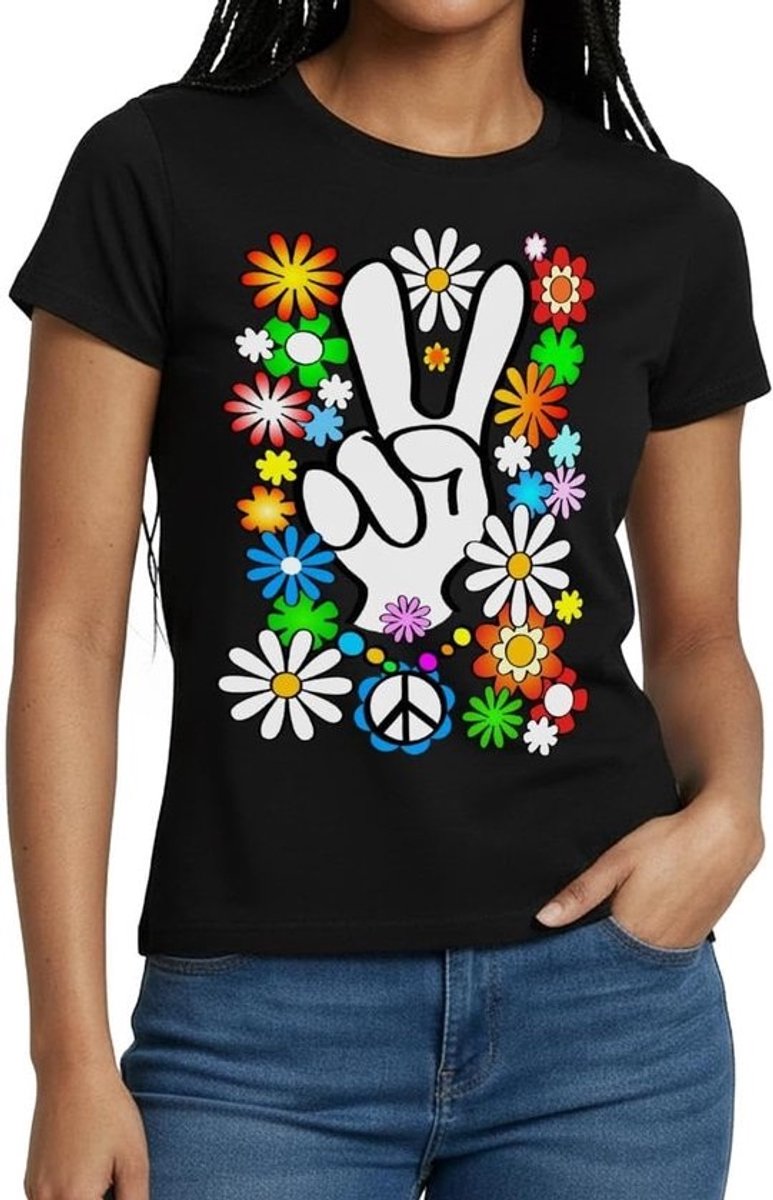 Comfortabel Vrouwen T-shirt met Flower Power Peace Hippie Print