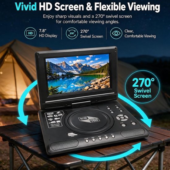 Draagbare DVD-speler 7,8 inch met Draaibaar HD-scherm, Oplaadbaar, 1 Stuk, Dubbele Luidsprekers, AV-uitgang, USB- en SD-kaartondersteuning, Ingebouwde Batterij, voor Auto, Reizen, Camping en Camper — afbeelding 4