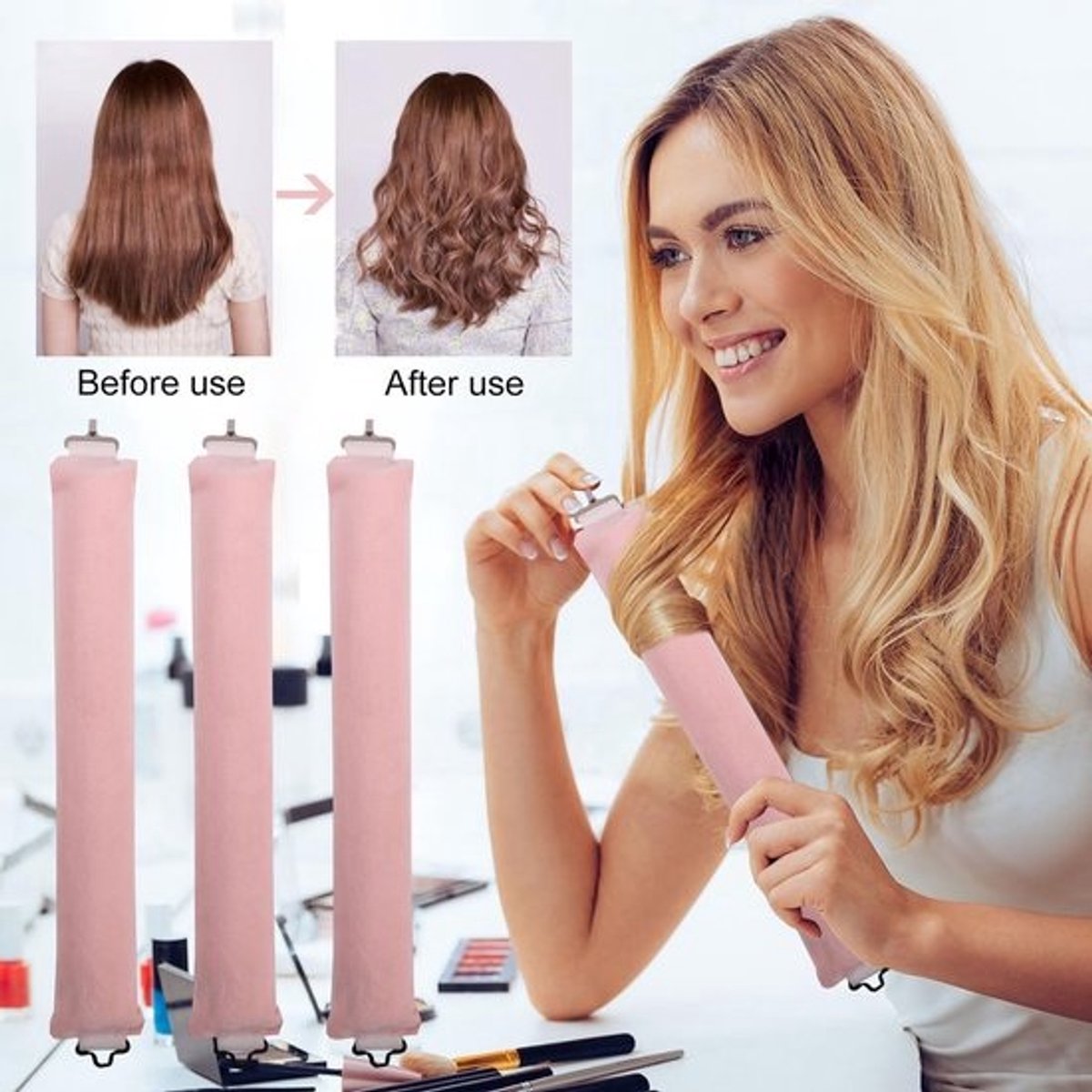 Krulspelden Zonder Hitte - Doe-het-zelf Styling - Haar Krullen - Comfortabel en Zacht - 3 Stuks - Roze