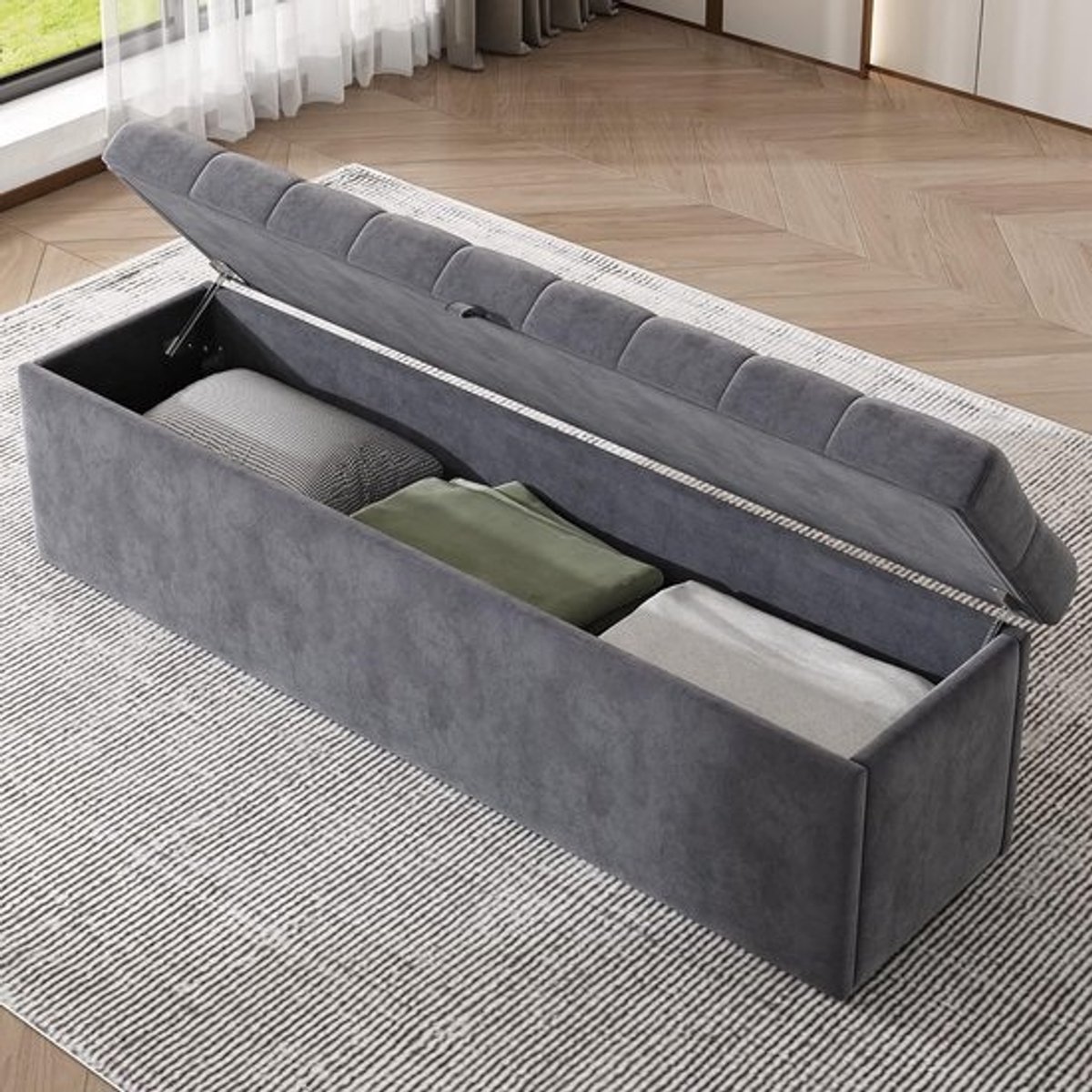 Opbergpoef met Fluweel Bekleding voor Zit-, Voetenbank en Bed Opbergkist (Grijs, 138 cm)