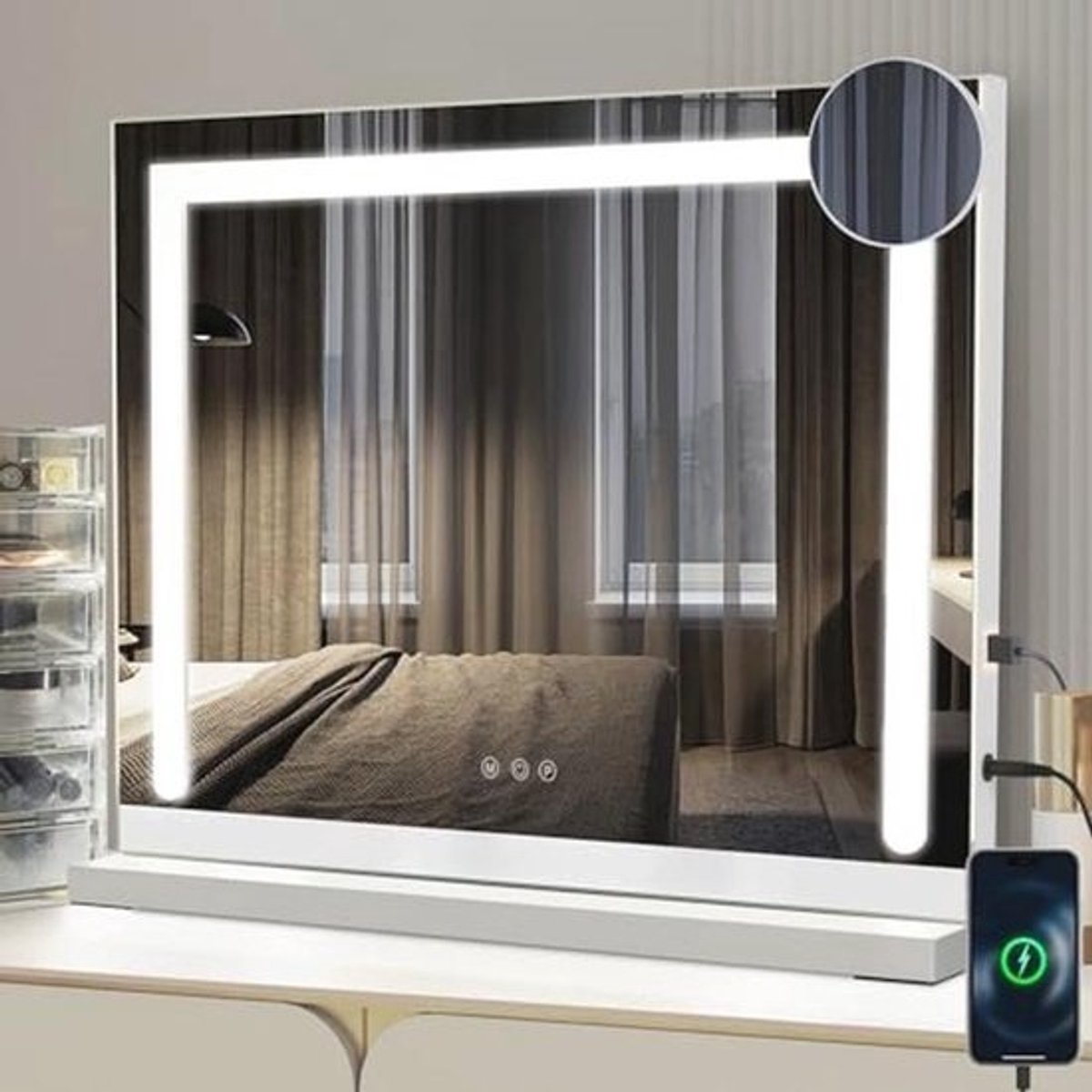 Hollywood Make-upspiegel met Verlichting - Dimbare LED-spiegel met 3 Kleurlichtstanden en 5x Vergrotende Spiegel - USB-poort