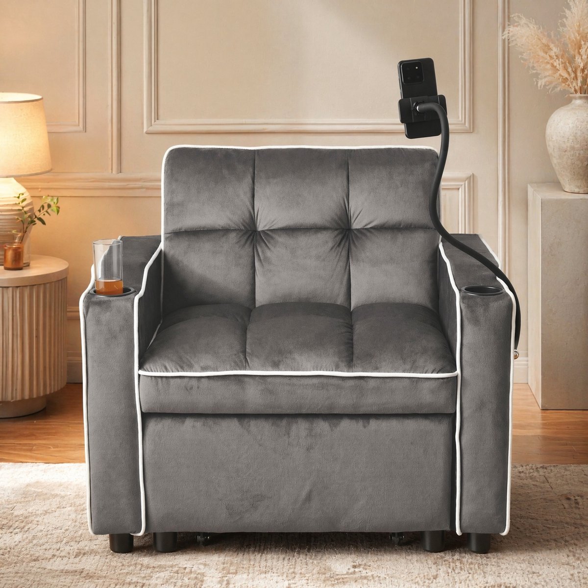 Wishdor Fauteuil - 3-in-1 uitschuifbaar slaapmodel - Verstelbare rugleuning met 3 standen en telefoonhouder - Voor woonkamer studentenkamer - Velvet - Donkergrijs - 83 x 167 x 76 cm