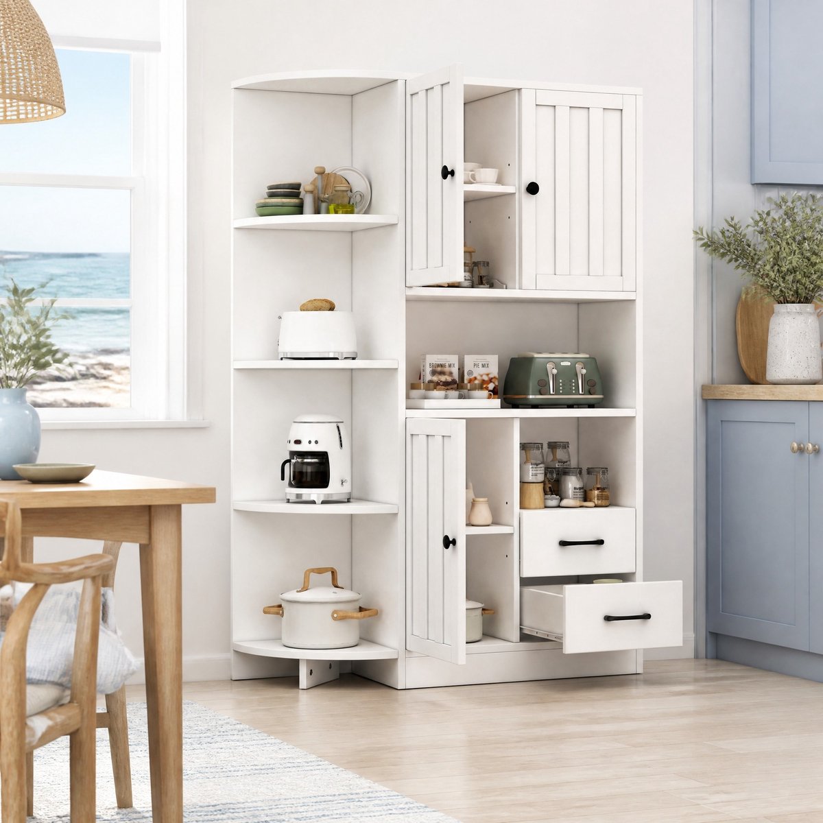 Wishdor Hoekkast vitrinekast - 3 kasten en 2 lades - Verstelbare planken en 6 open vakken - Scandinavische stijl - Woonkamer - Wit - 104 x 35 x 155 cm