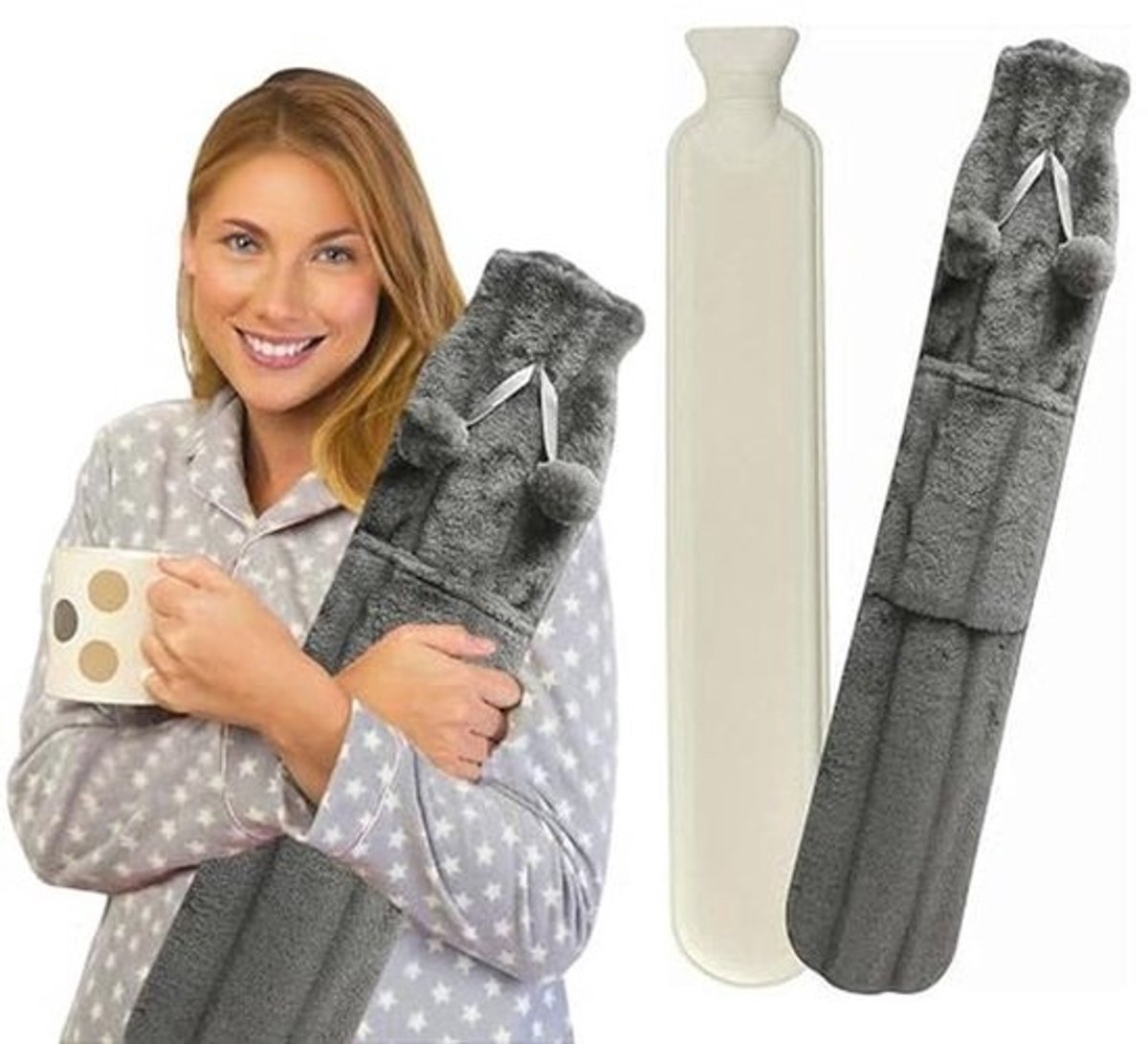 Extra lange 72 cm warmwaterkruik met pompons en zachte nepleren hoes - Comfortabel en veilig voor warmte